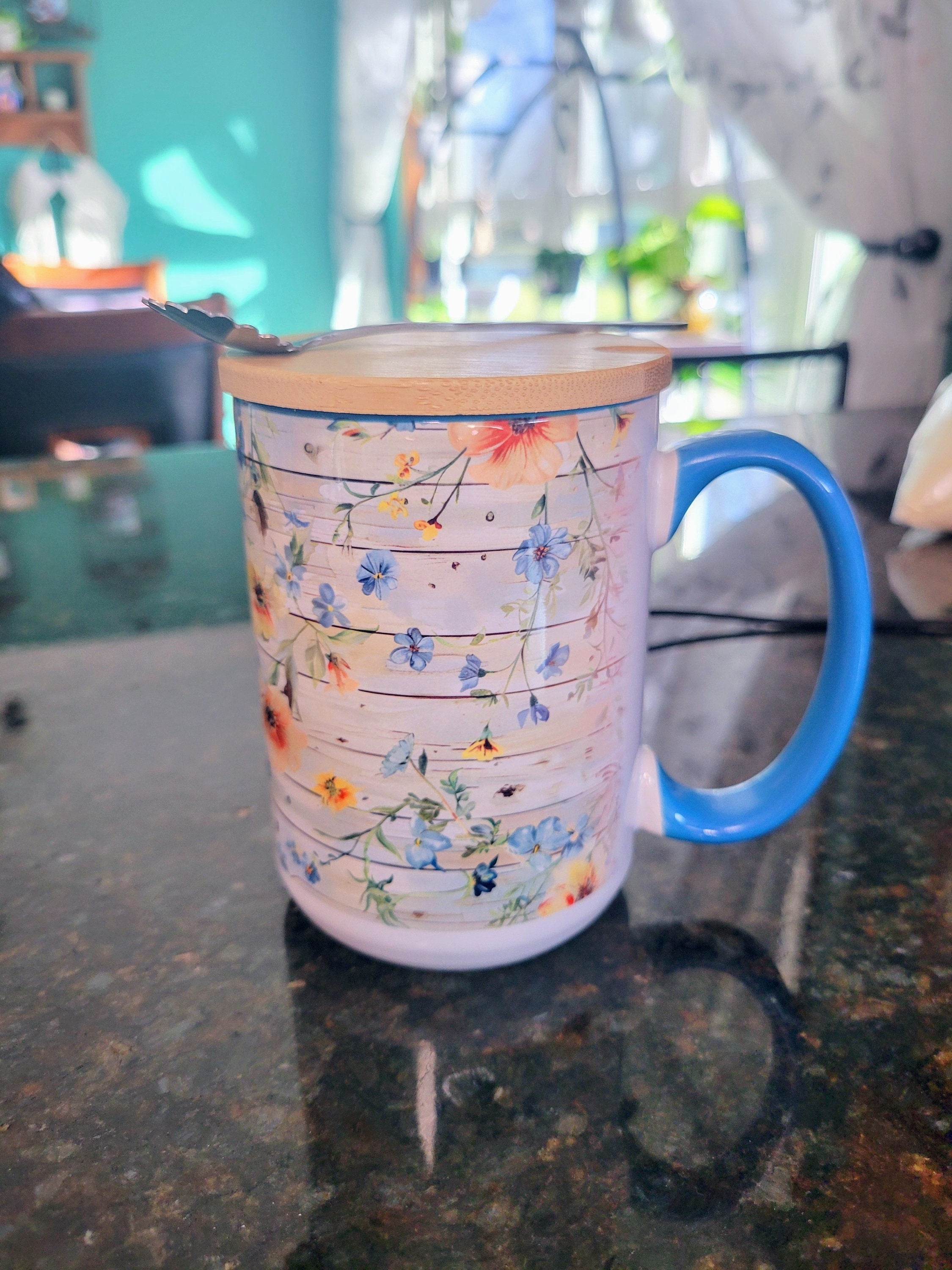 Spring Flowers 15 oz. Glass Coffee Mug sublimation, Fancy Spoon, Lid With Custom Engraved Option