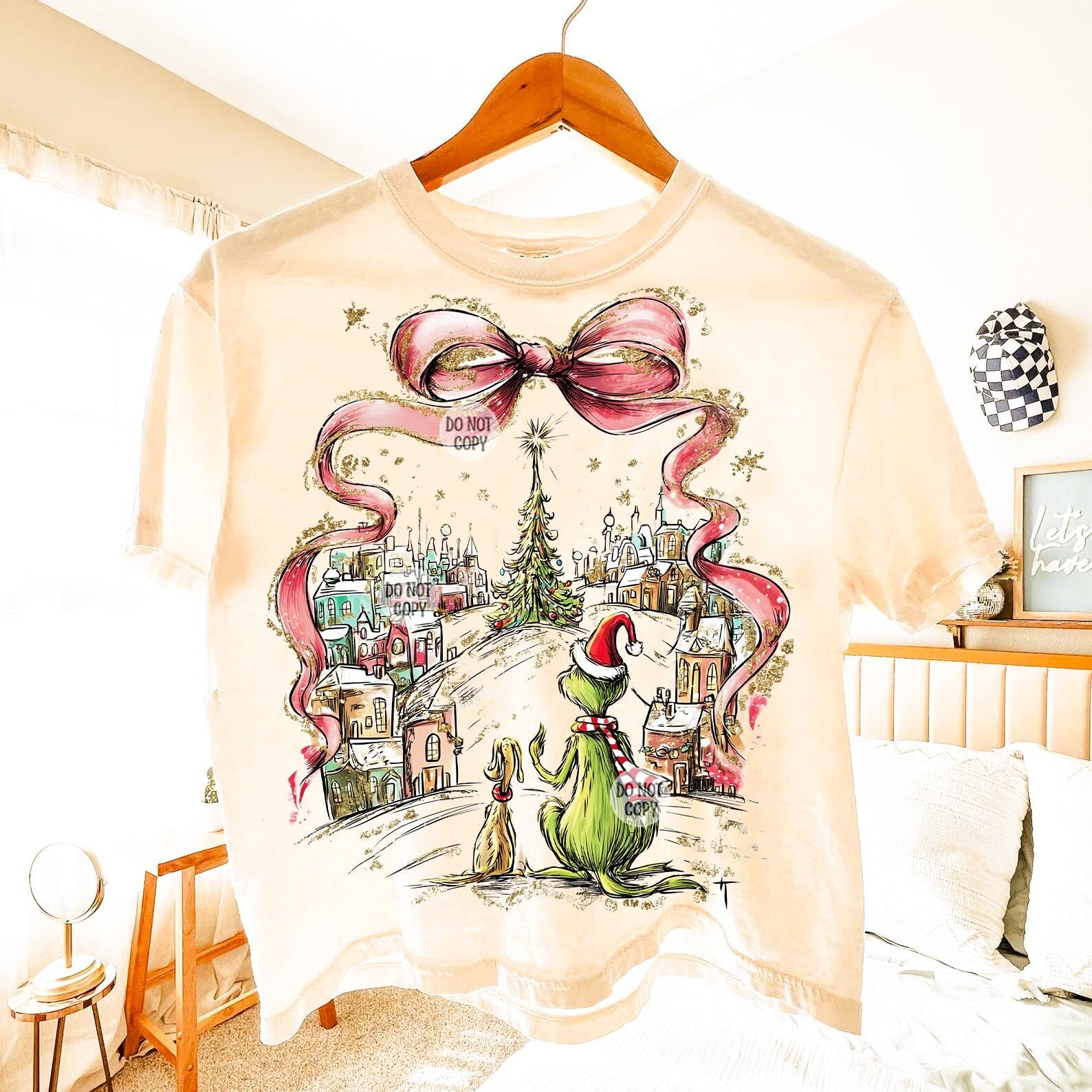 Retro Grinch Looking Out on Whoville w Bow